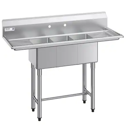 Front. VEVOR - 3 Compartment Sink, 18-Gauge 304 Stainless Steel, 10"x14"x10" Bowl Size, 3 Bay Commercial Kitchen Prep & Utility Sink - Stainless steel color.