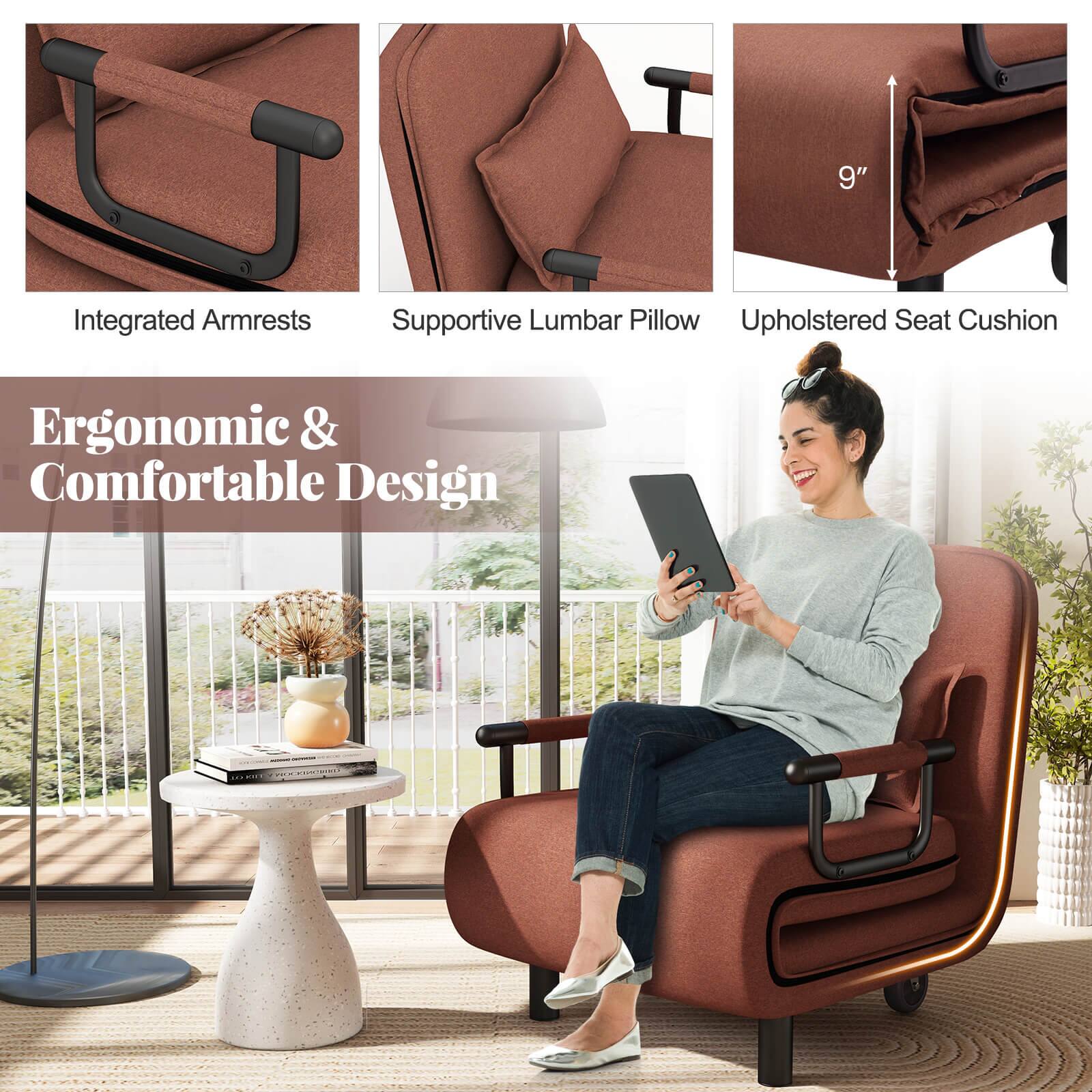 Integrated Armrests  
Supportive Lumbar Pillow  
Upholstered Seat Cushion  

9"  

Ergonomic & Comfortable Design