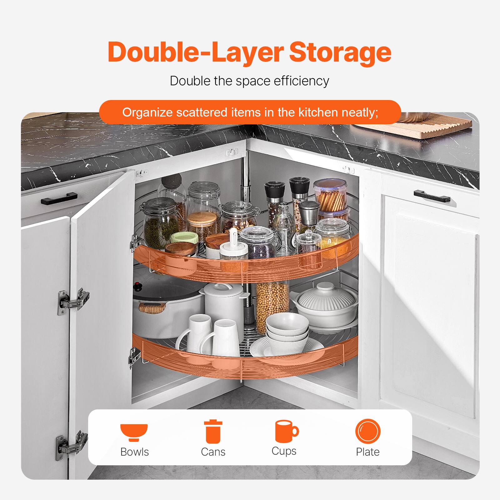 Double-Layer Storage  
Double the space efficiency  

Organize scattered items in the kitchen neatly;  

Bowls  
Cans  
Cups  
Plate