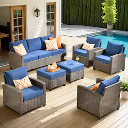 Ovios - 7 PCS Patio Furniture, 3 Seat Wicker Sofa with Comfy Armchairs and Ottomans for Garden - Navy Blue