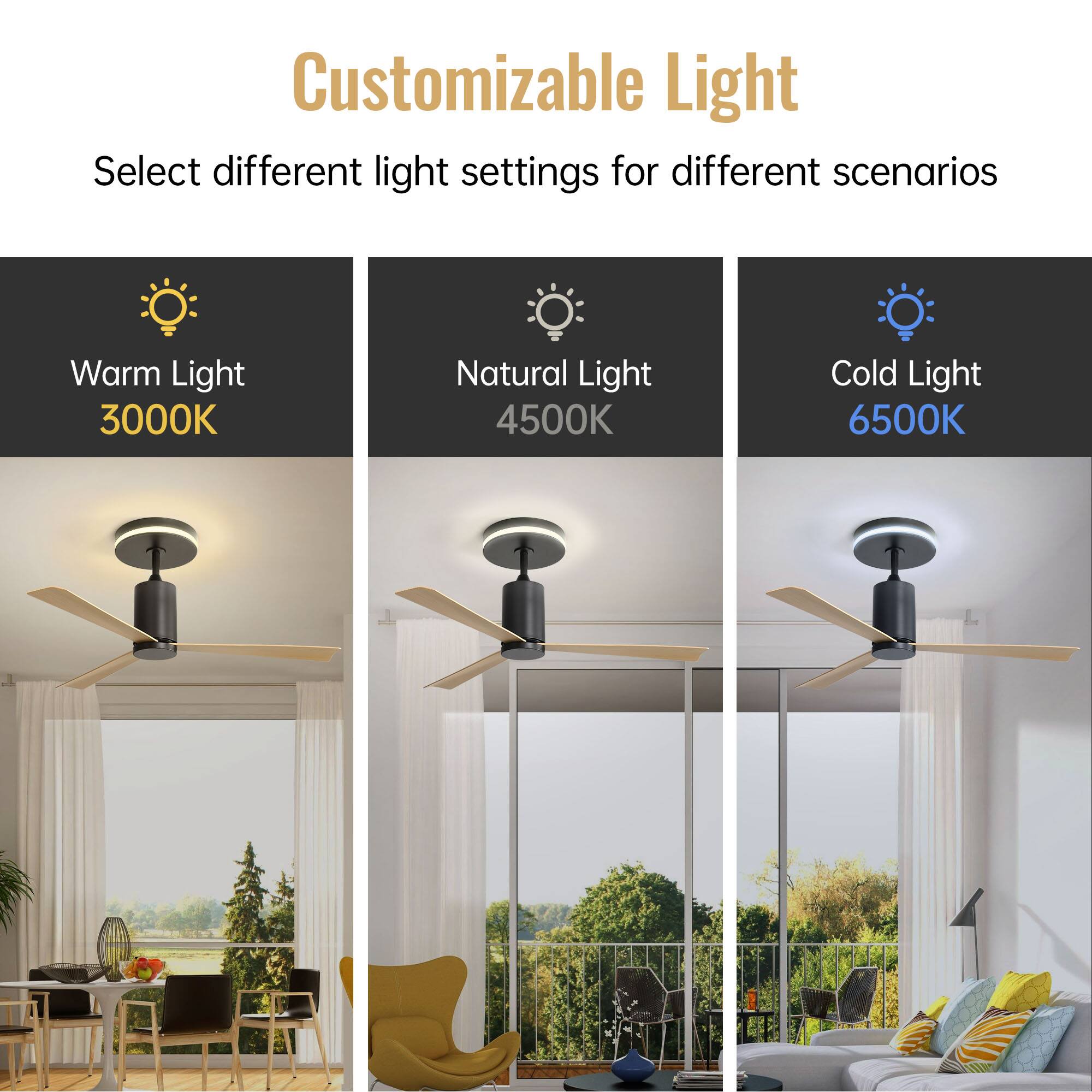 Customizable Light

Select different light settings for different scenarios

Warm Light 3000K  
Natural Light 4500K  
Cold Light 6500K