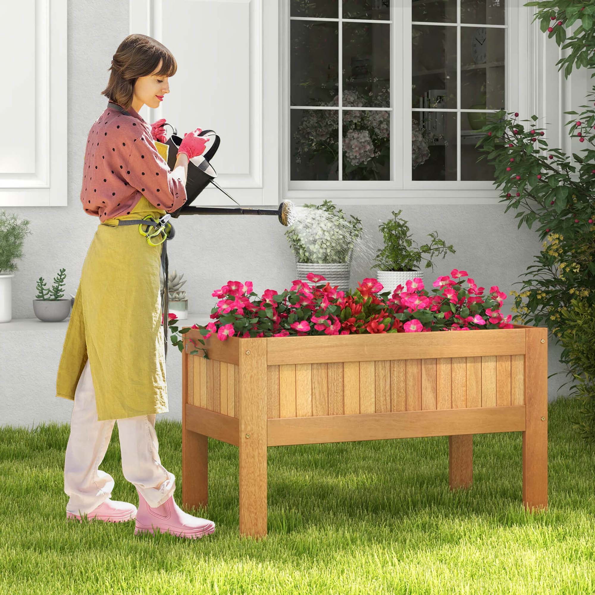 Alt View 4. Costway - Wooden Elevated Planter Box with Solid Wood Frame & Sturdy Legs Slatted Bottom - Brown.