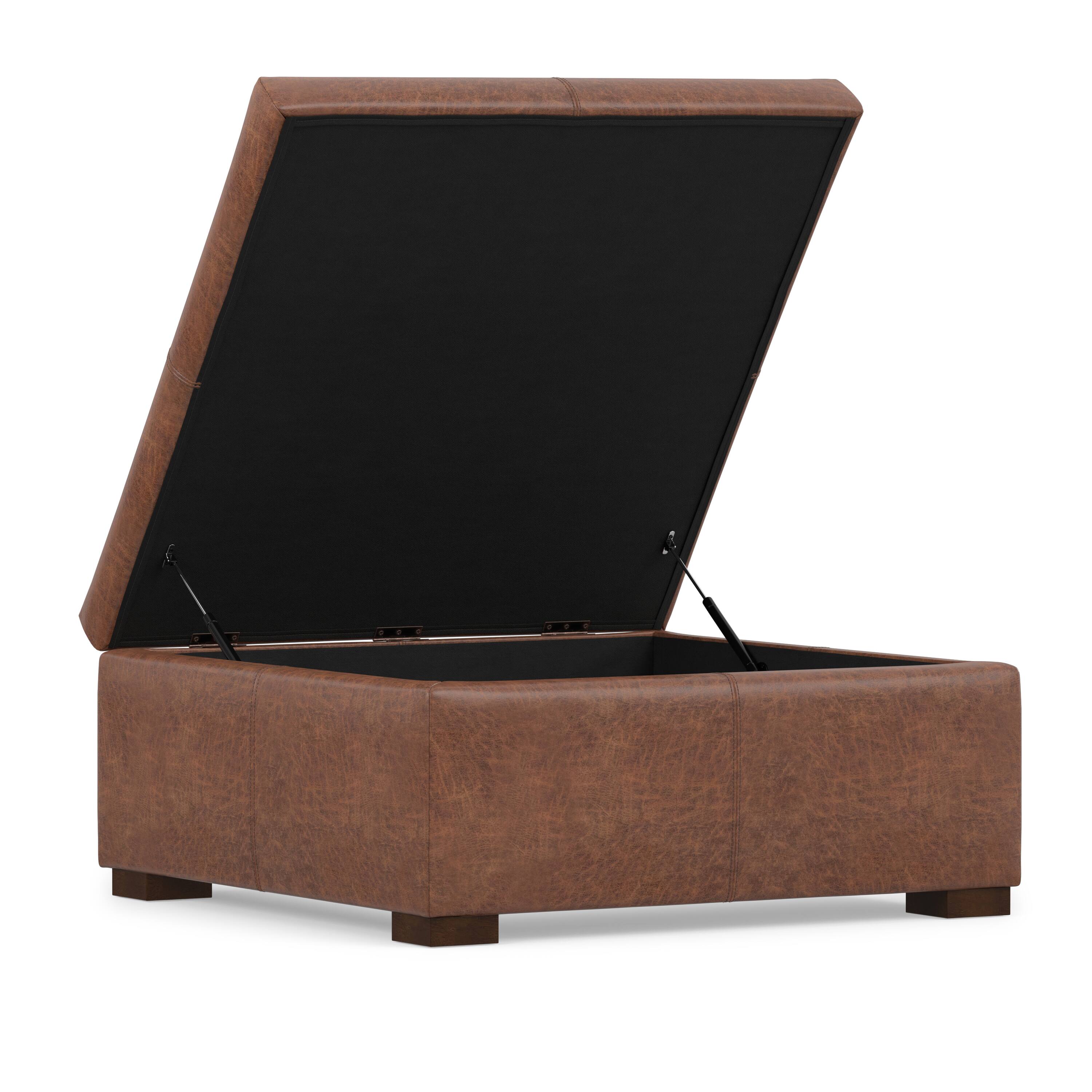 Back. Simpli Home - Gabbie 36 inch Wide Square Coffee Table Storage Ottoman in Distressed Saddle Brown Vegan Leather - Distressed Saddle Brown.