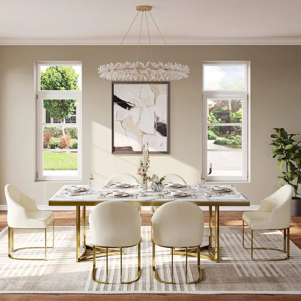 Alt View 4. POVISON - Modern Luxury Upholstered Beige Dining Chairs Set of 2, Boucle Dining Chairs, Low Back Dining Chairs with Gold Legs - Green PU Leather.