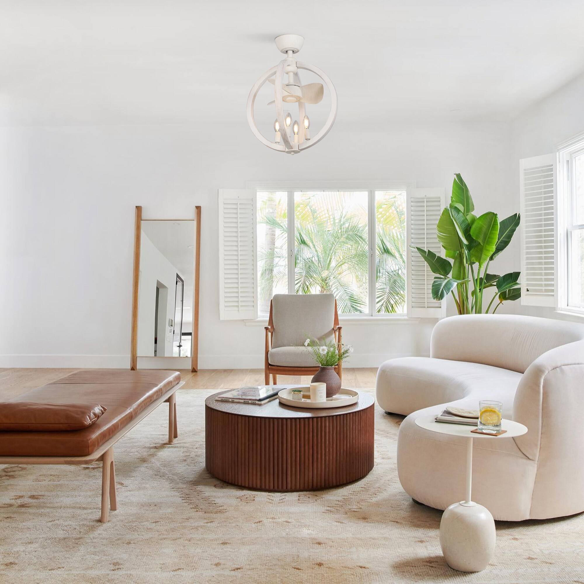 Left. Parrot Uncle - 18.4" Farmhouse White Wooden Globe Bobo Fandelier Ceiling Fan with Remote - White.