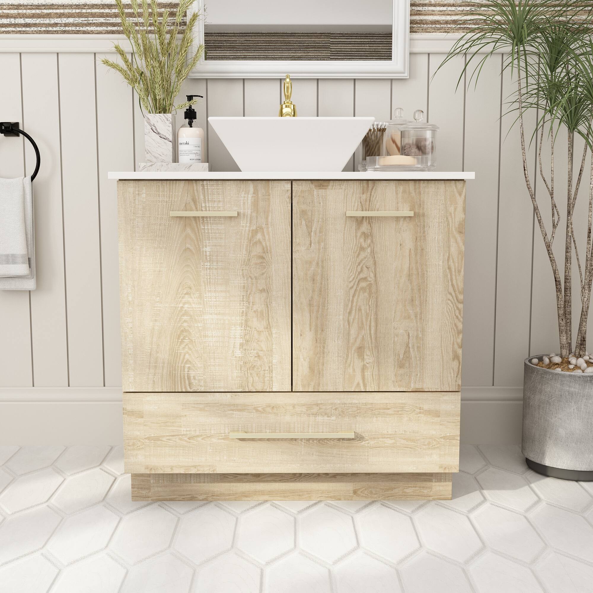Front. Famapy - Bathroom Vanity with Ceramic Sink – Modern Natural Wood-Style Storage Cabinet with Drawers & Countertop Space - White & Wooden.