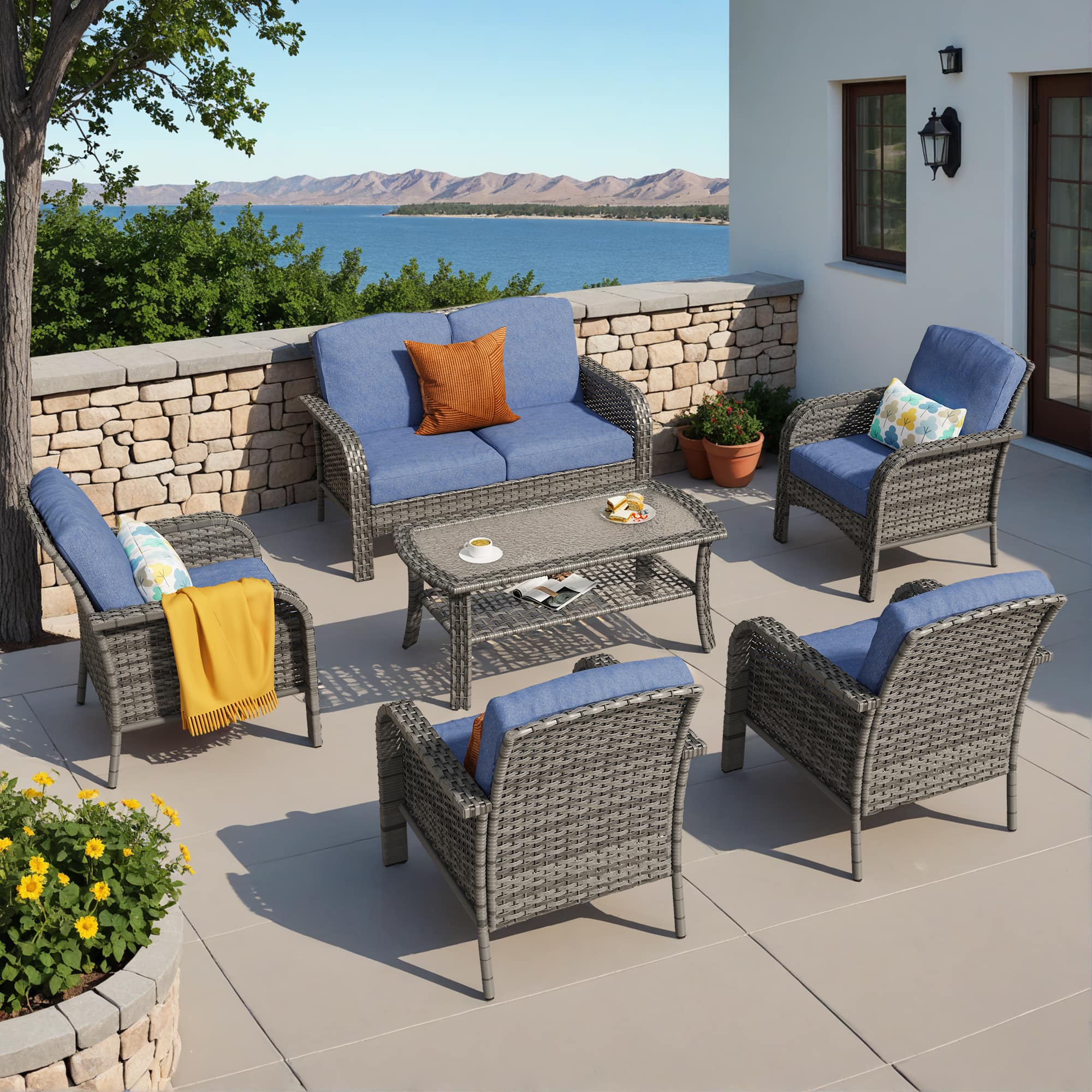 Ovios - 6 PCS Patio Furniture Set High Back Loveseat Wicker Armchairs with Coffee Table for Garden - Denim Blue