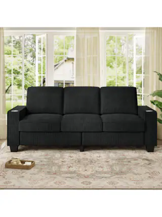 Front. Trinkets Crazed - 83.5 Inch Oversized 3 Seater Couch,Upholstered Corduroy Love Seat Sofa for Living Room,Modern Deep Seat Loveseat Sofa - Black.