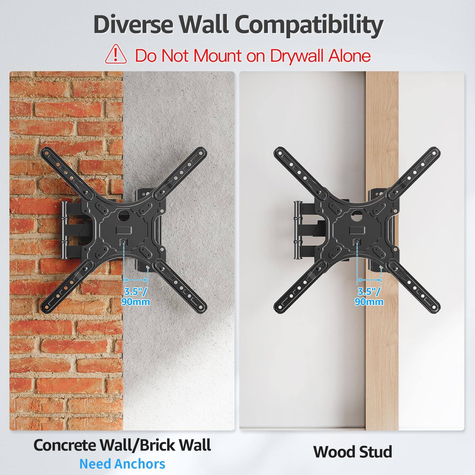Diverse Wall Compatibility  
⚠️ Do Not Mount on Drywall Alone  

Concrete Wall/Brick Wall  
Need Anchors  

Wood Stud  

3.5" / 90mm