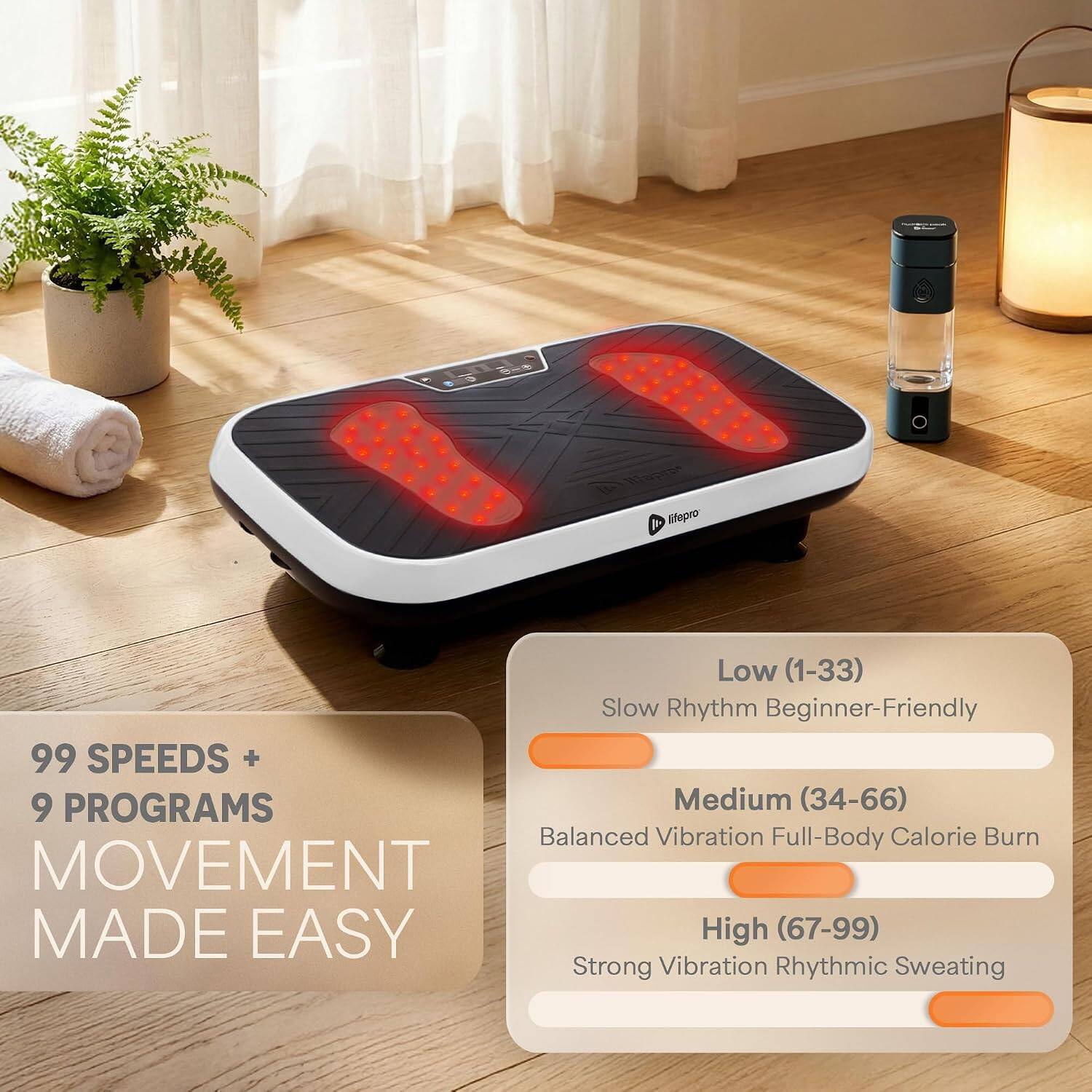 Sure, here is the corrected and grouped text:

---

**Slepro Low (1-33)**
- Slow Rhythm Beginner-Friendly

**Medium (34-66)**
- Balanced Vibration Full-Body Calorie Burn

**High (67-99)**
- Strong Vibration Rhythmic Sweating

**99 SPEEDS + 9 PROGRAMS**
- MOVEMENT MADE EASY

---

This text is organized to clearly present the different settings and features of the product.