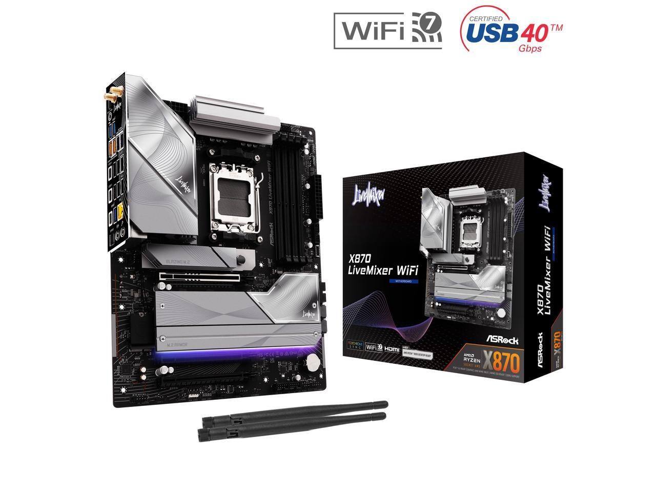 WiFi 7 CERTIFIED TM USB 40 Gbps 100 n BLPZING XI J J X870 LiveMixer WiFi WIF 3 IMIGH Asrlater WiFi X870 LiveMixer ASRock 870 SEDLARS ANEO RYZEN X870