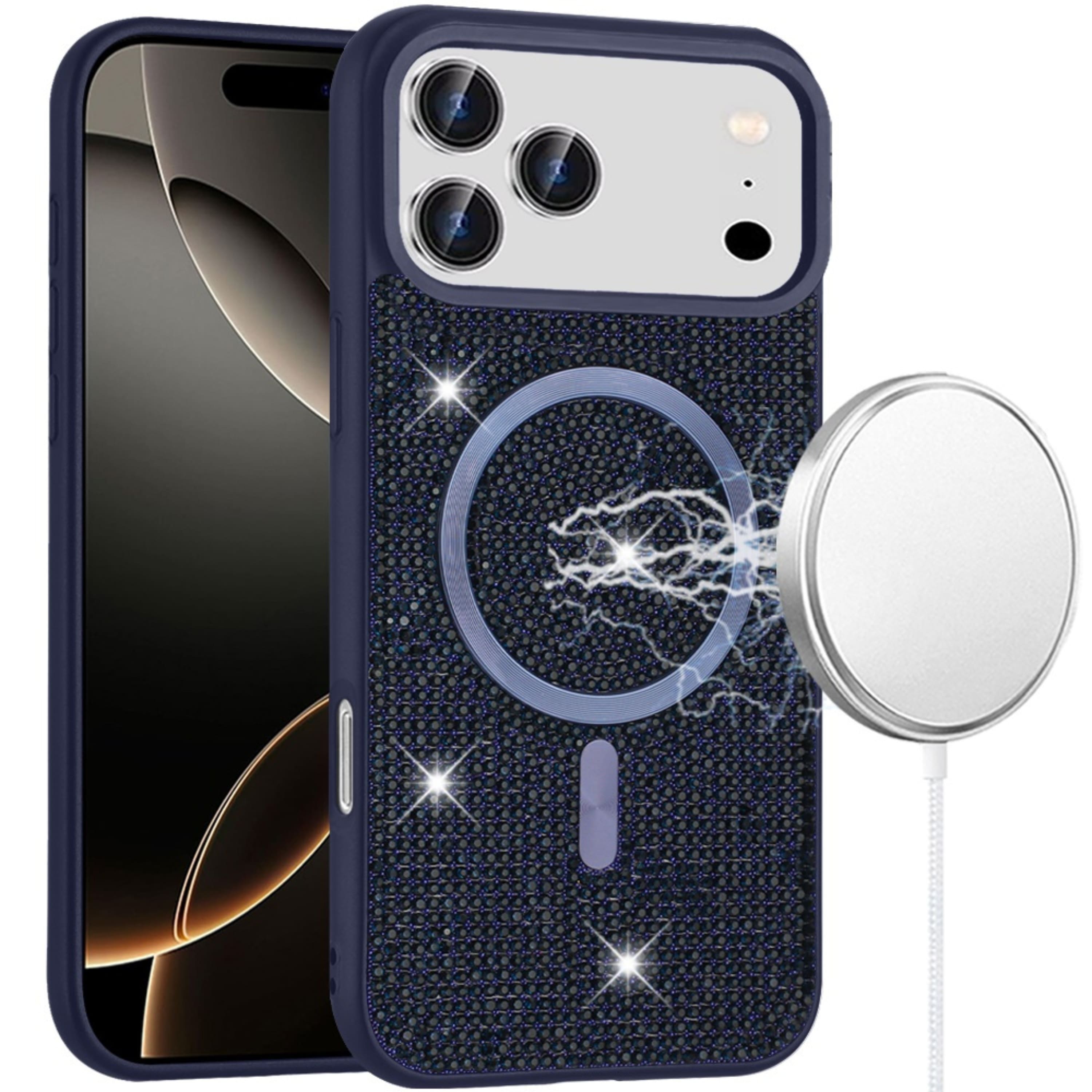 Kitcheniva - Magnetic Circle Full Bling Rhinestone Case With Tempered Glass For iPhone 17 Pro - Blue price history on PriceWatchPro