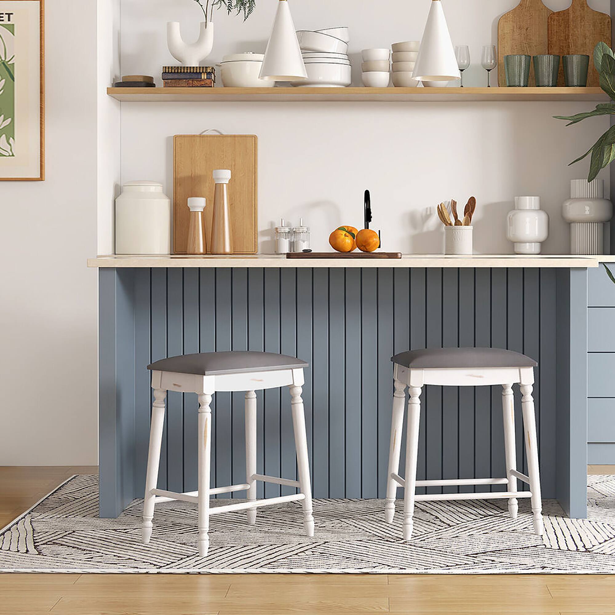 Alt View 1. Gymax - Gymax 24'' Bar Stool Set of 2 w/ Padded Seat Cushions Rubber Wood Legs Upholstered - Gray, Antique White.