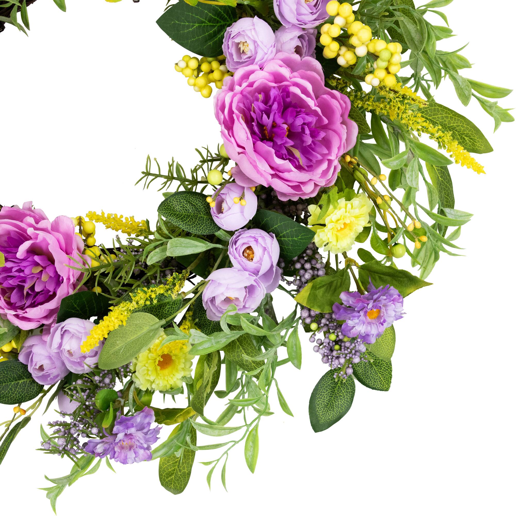 Alt View 5. Northlight - Peony Mixed Floral Springtime Wreath - 24" - Purple and Yellow - Purple.