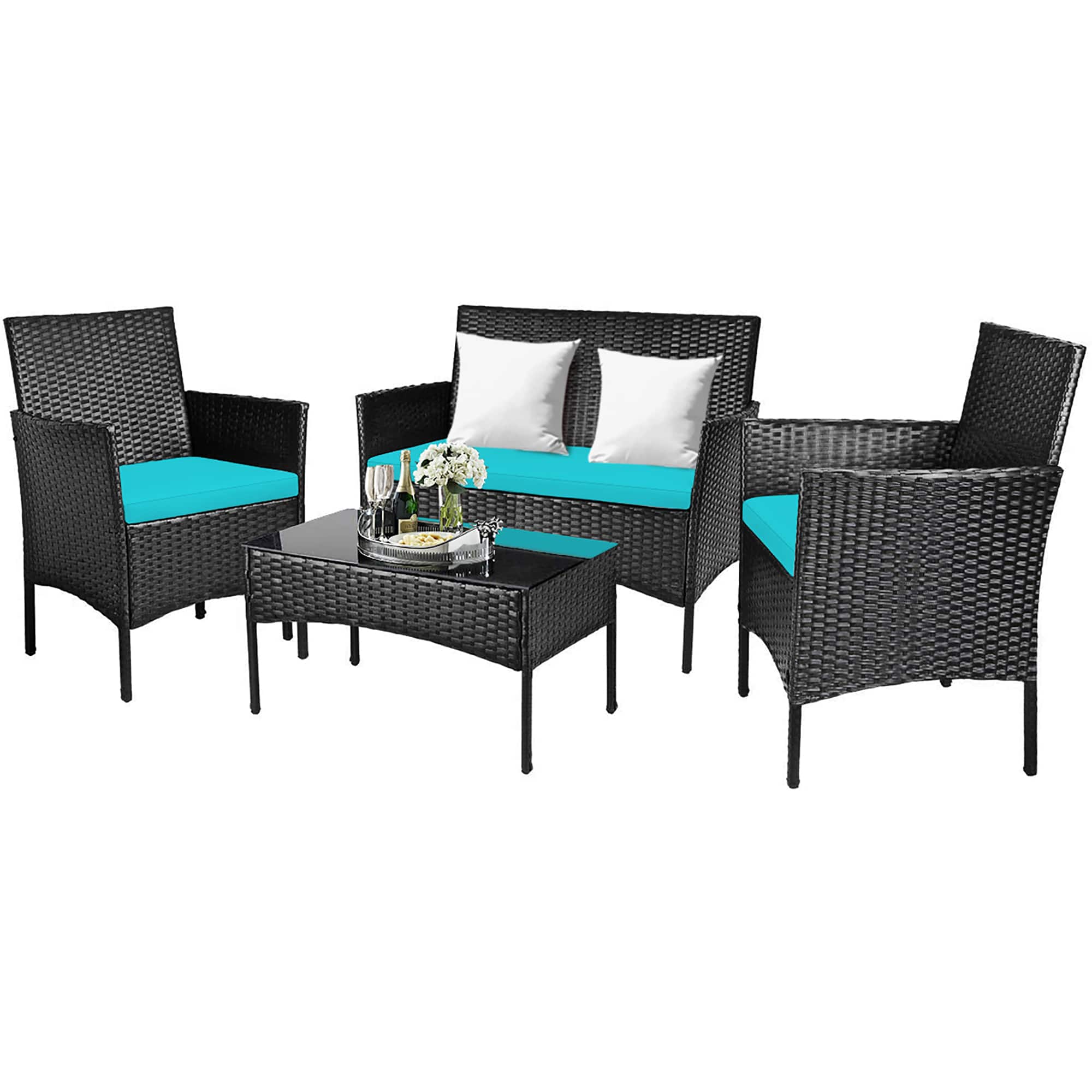 Costway - 4PCS Patio Rattan Furniture Set Cushioned Sofa Coffee Table Backyard - Turquoise