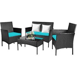 Costway - 4PCS Patio Rattan Furniture Set Cushioned Sofa Coffee Table Backyard - Turquoise