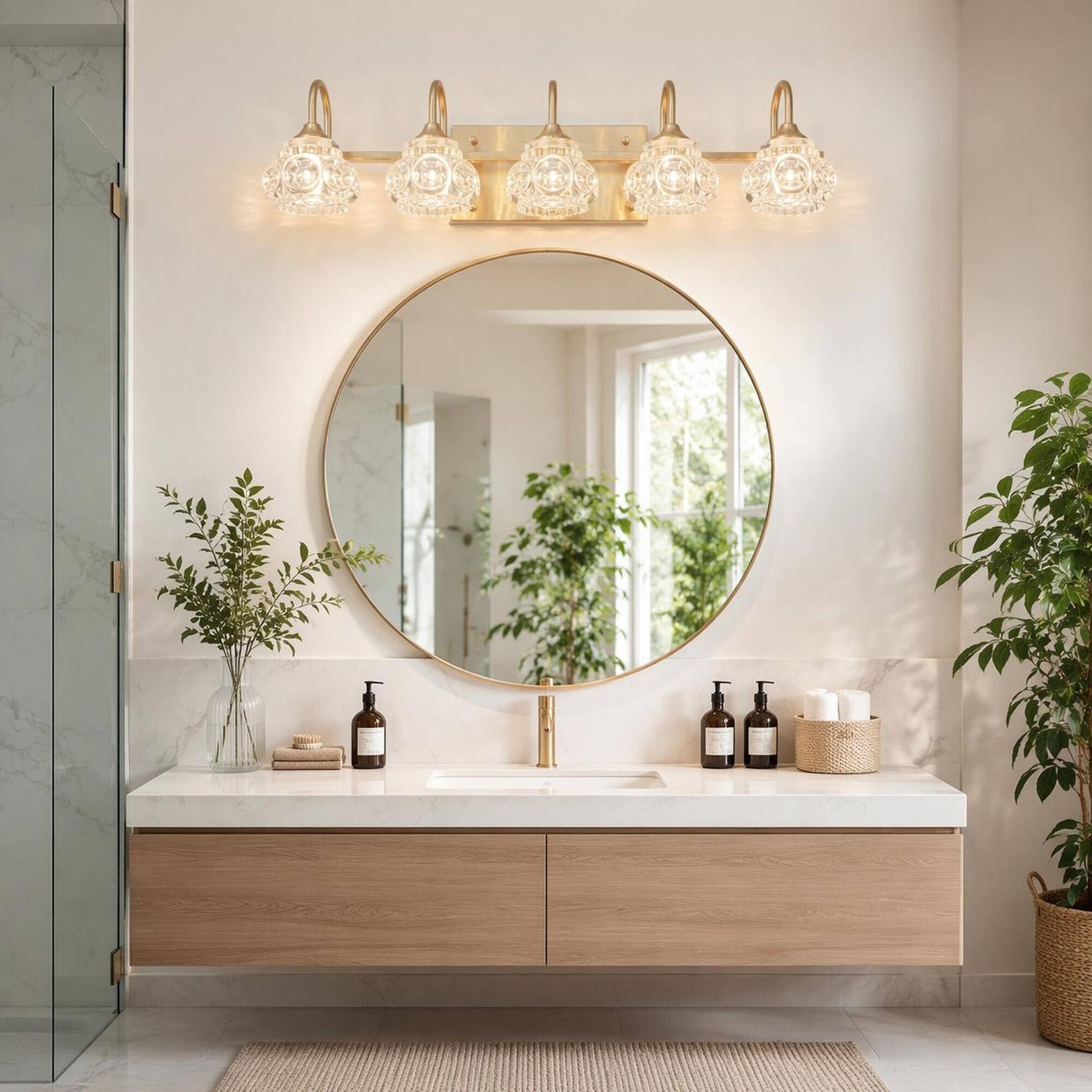 Angle. RYHNUYNE - 5‑Light Bathroom Vanity Light,29" Black Iron Wall Sconce with Clear Crystal Shades for Bathroom - Gold.