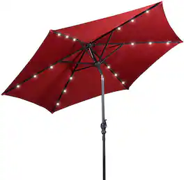 Costway - 9ft Market Patio Umbrella w/Solar Lights & 40 LBS Steel Umbrella Stand - Burgundy