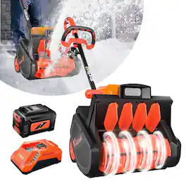 Voltask - 14-inch Lightweight Cordless Snow Blower - 56V Electric Snow Shovel with Battery & Charger for Driveway - White and orange