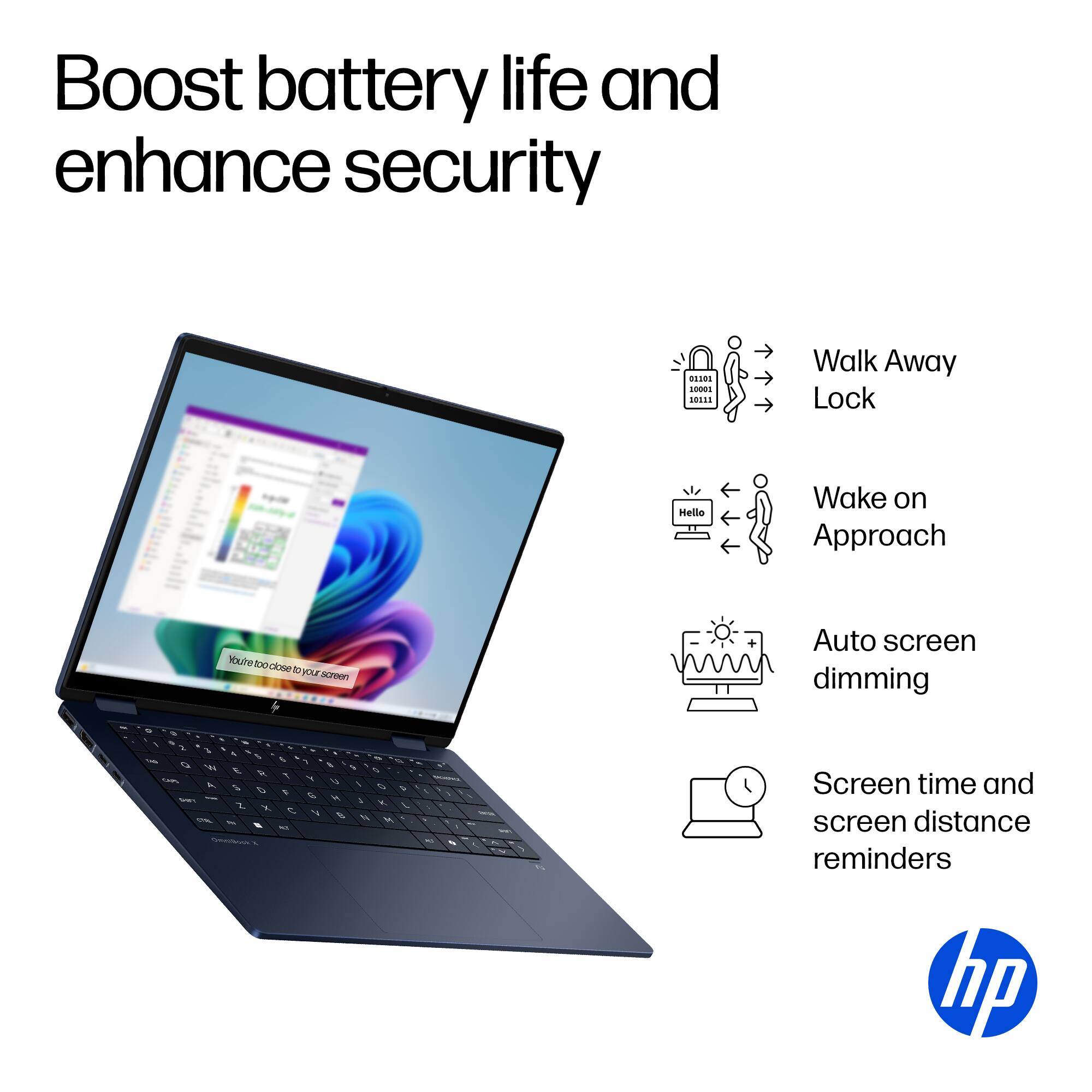 Boost battery life and enhance security:

* Walk Away Lock: Lock your device when you walk away to prevent unauthorized access.
* Wake on Approach: Wake your device as you approach to save battery life.
* Auto Screen Dimming: Automatically dim the screen to save battery life.
* Screen Time and Screen Distance Reminders: Set reminders to take breaks from screen time and maintain a safe distance from the screen.