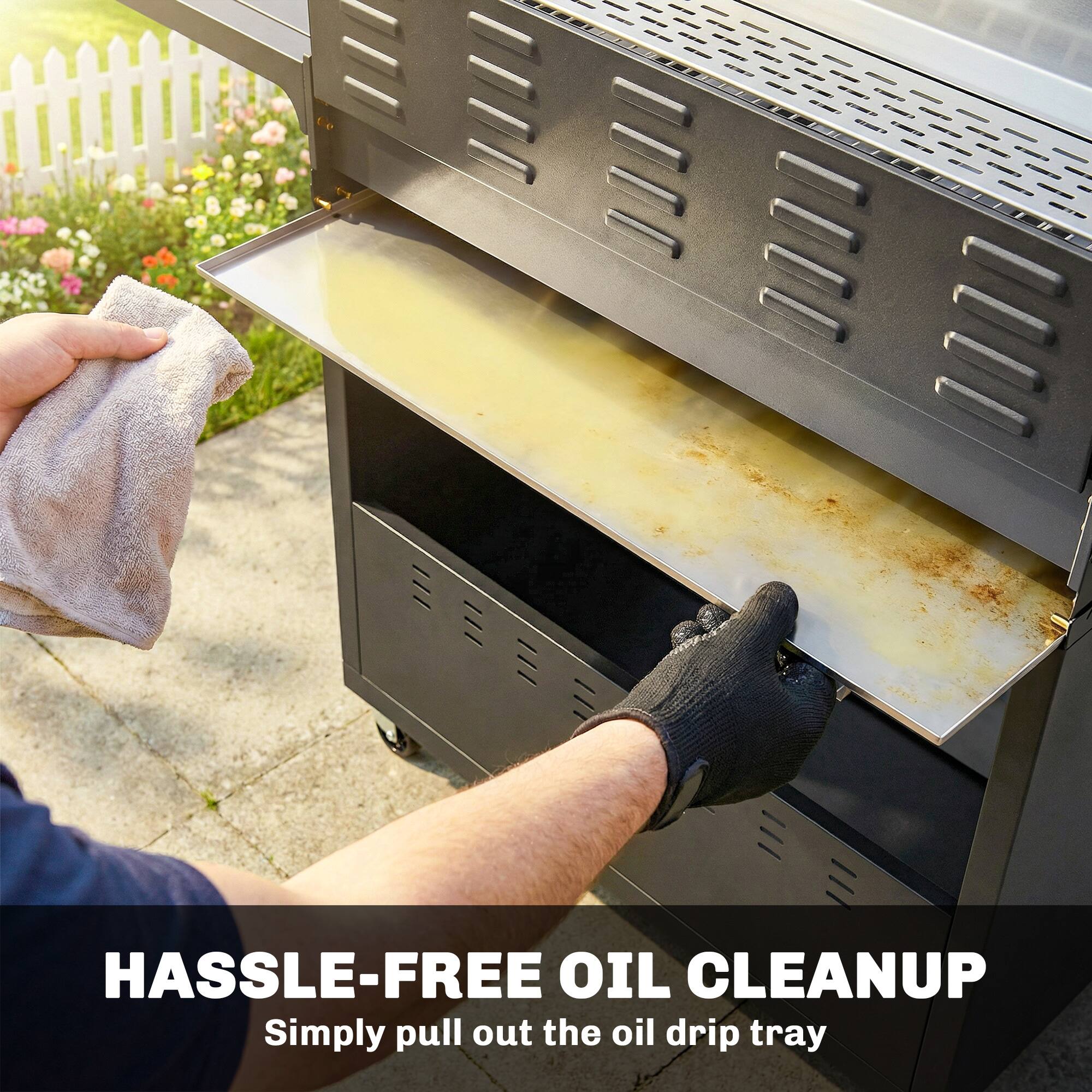 HASSLE-FREE OIL CLEANUP  
Simply pull out the oil drip tray