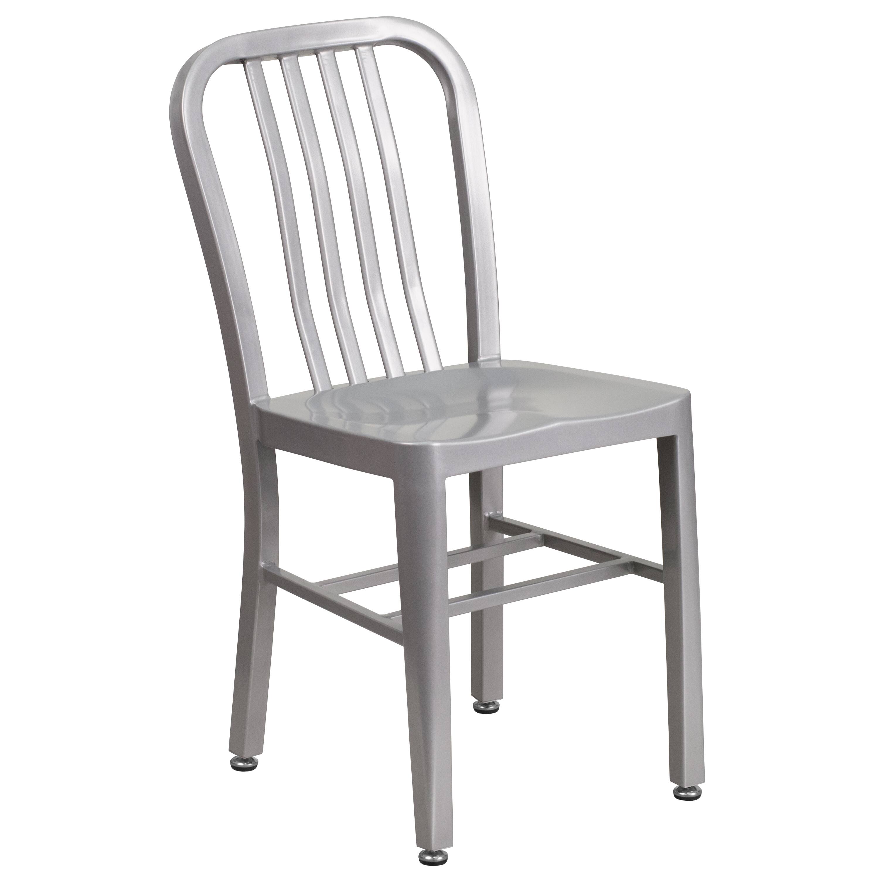 Alt View 4. Emma + Oliver - Commercial Grade 30" Round Metal Indoor-Outdoor Table Set & 2 Slat Back Chairs - Silver.