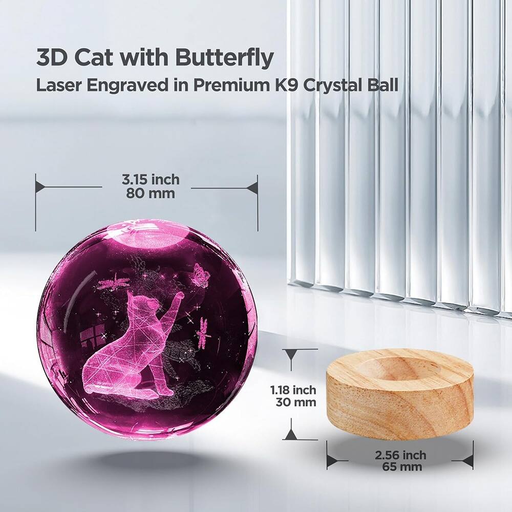 3D Cat with Butterfly  
Laser Engraved in Premium K9 Crystal Ball  

3.15 inch 80 mm  
1.18 inch 30 mm  
2.56 inch 65 mm