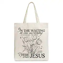 OrnamentallyYou - In the Waiting There Was Jesus Tote Bag, Christian Faith Floral Inspirational Gift Shopper - Beige