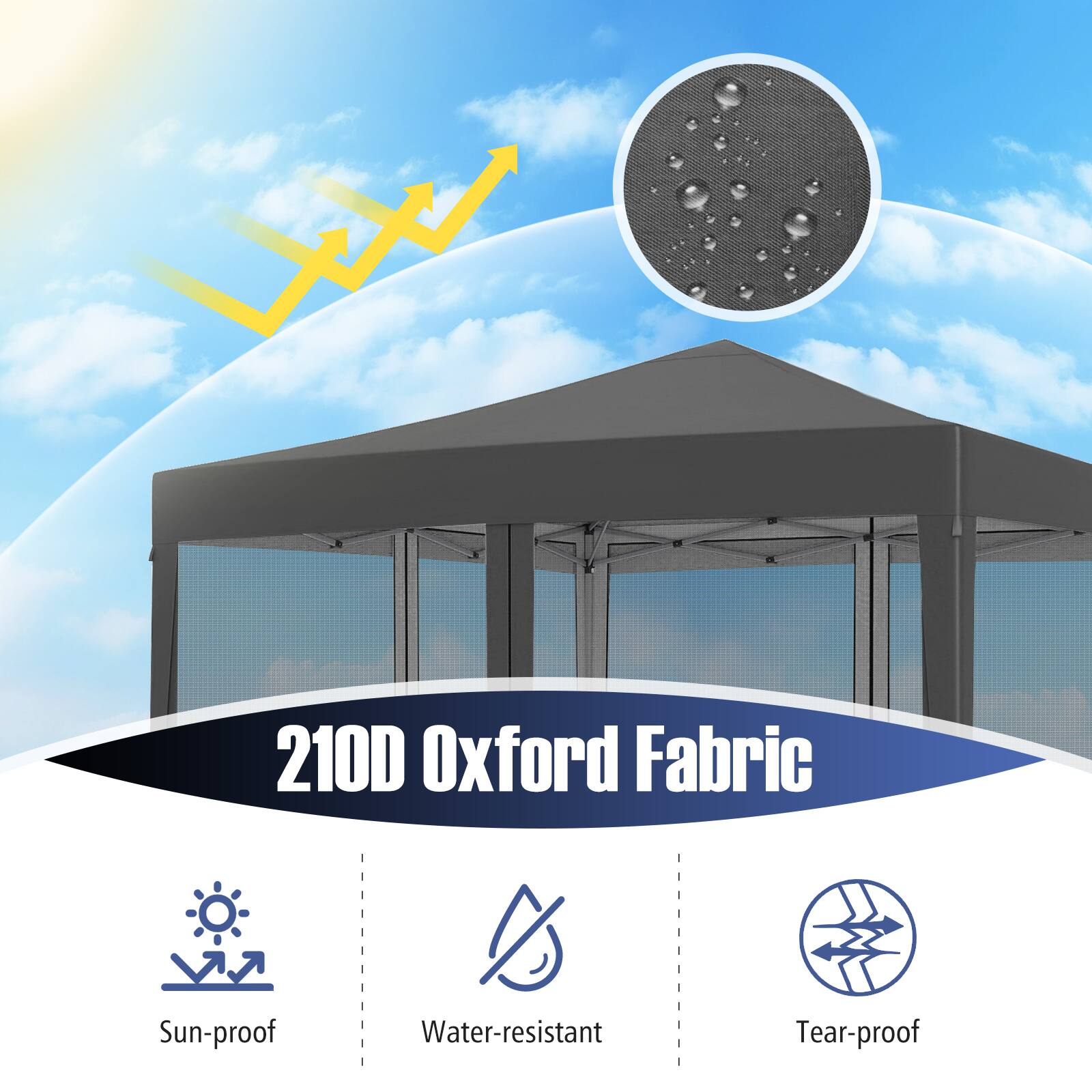210D Oxford Fabric

- Sun-proof
- Water-resistant
- Tear-proof