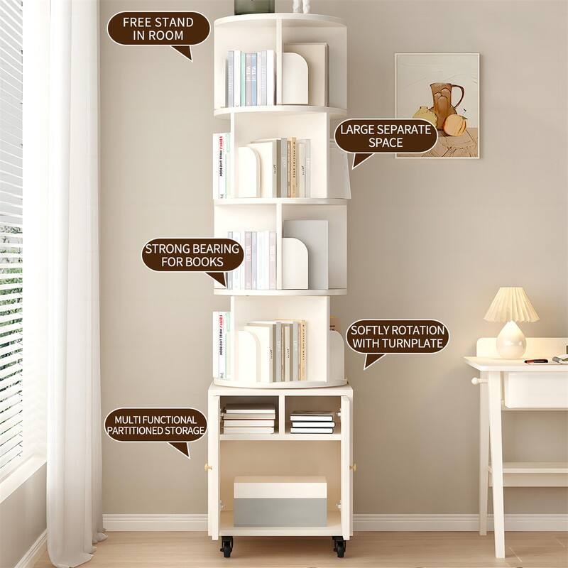 FREE STAND IN ROOM  
LARGE SEPARATE SPACE  
STRONG BEARING FOR BOOKS  
SOFTLY ROTATION WITH TURNPLATE  
MULTI FUNCTIONAL PARTITIONED STORAGE