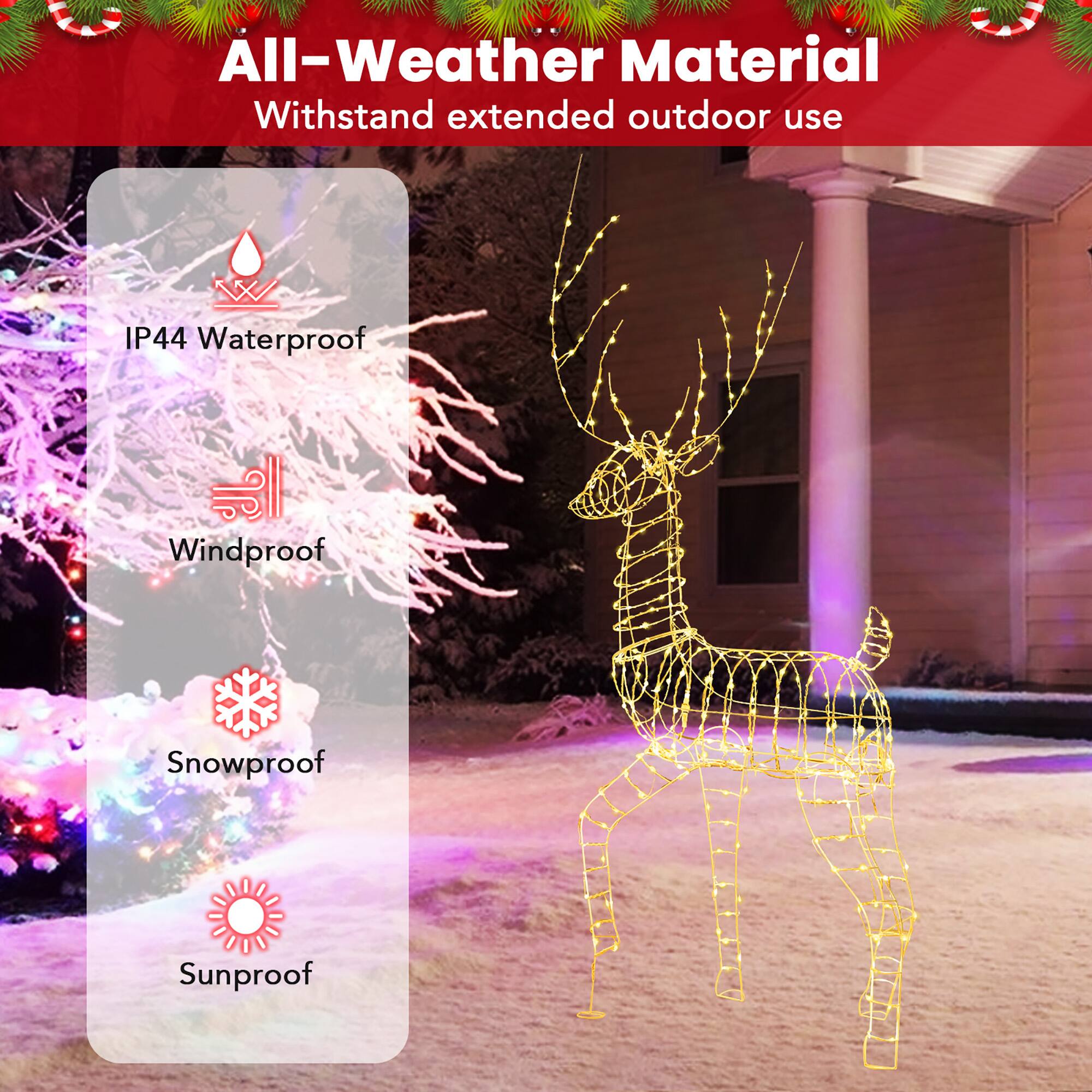 All-Weather Material  
Withstand extended outdoor use  

IP44 Waterproof  
Windproof  
Snowproof  
Sunproof