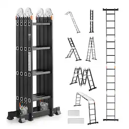 VEVOR - Multi-Purpose Folding Ladder, 7-in-1 Tall Extension Step Ladder,A Frame 4 Step with Scaffolding Plank Telescoping Ladder - Black