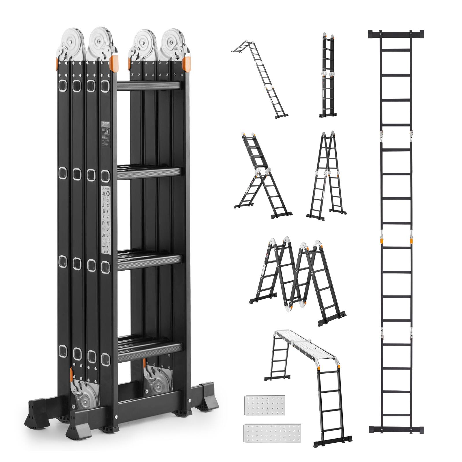 Front. VEVOR - Multi-Purpose Folding Ladder, 7-in-1 Tall Extension Step Ladder,A Frame 4 Step with Scaffolding Plank Telescoping Ladder - Black.