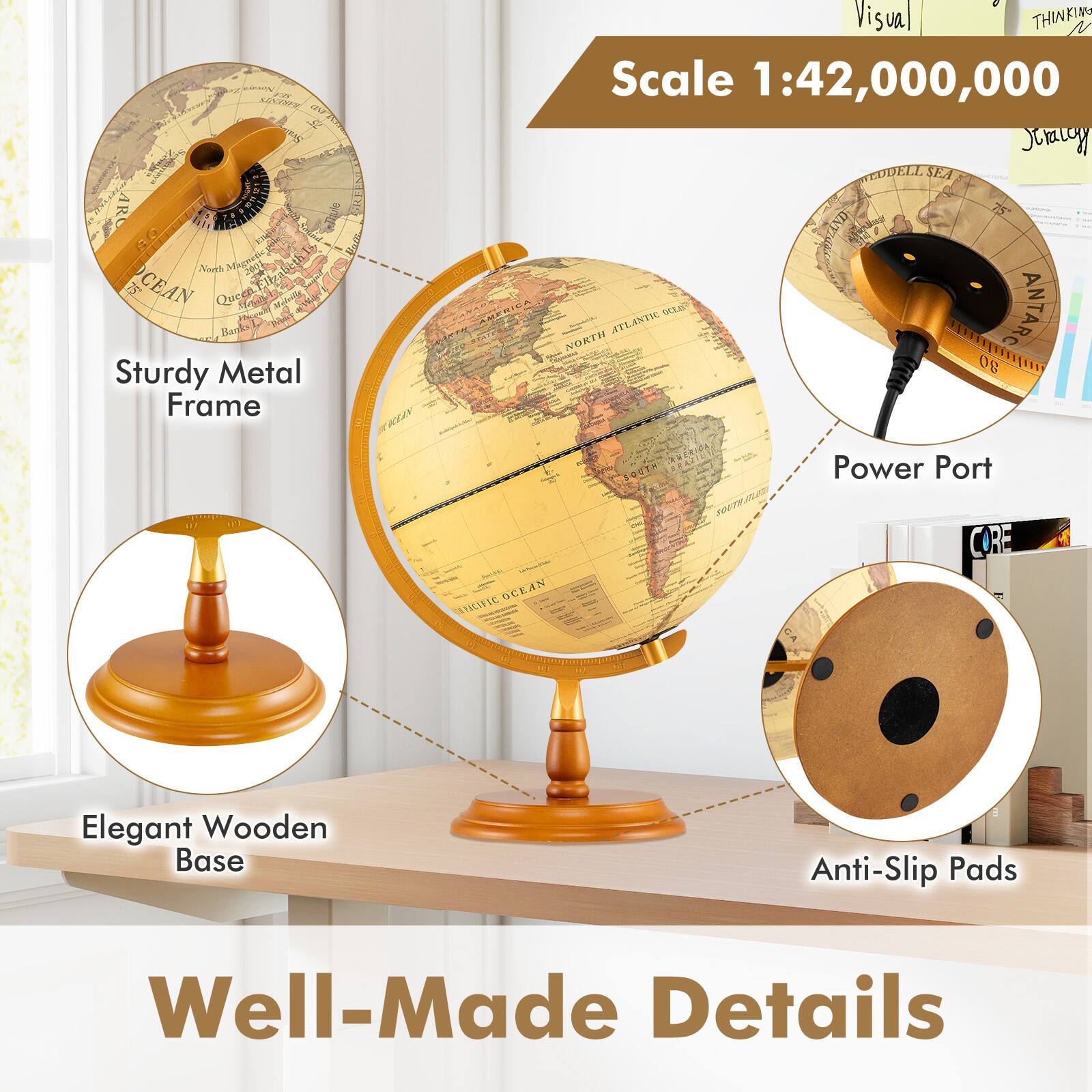 Sure, here is the corrected and grouped text from the image:

---

**Sturdy Metal Frame**

**Elegant Wooden Base**

**Anti-Slip Pads**

**Power Port**

**Scale 1:42,000,000**

**Well-Made Details**

---

This text highlights the features of the globe, including its sturdy metal frame, elegant wooden base, anti-slip pads, power port, and the scale of 1:42,000,000.
