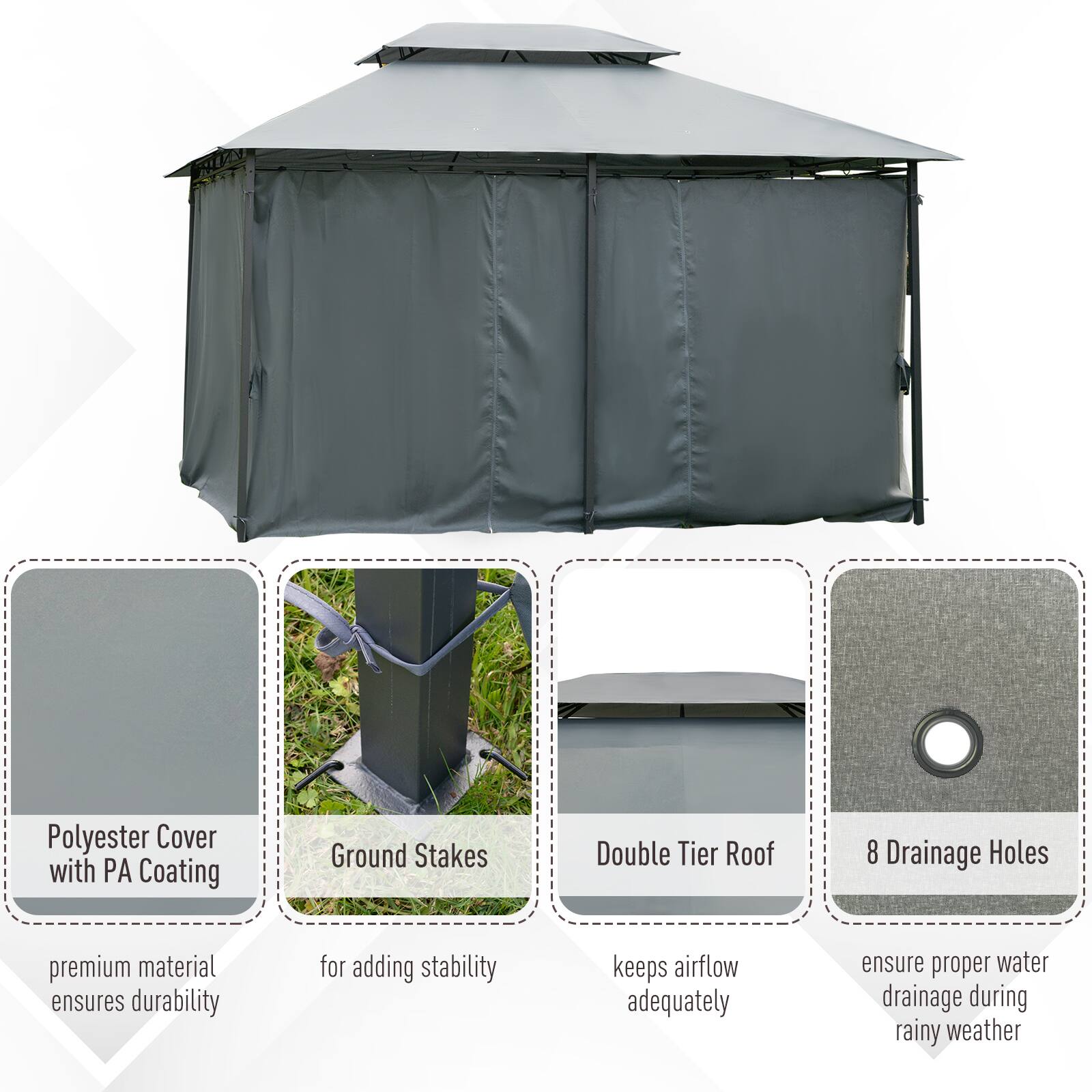 Polyester Cover with PA Coating, Ground Stakes, Double Tier Roof, 8 Drainage Holes, premium material ensures durability, for adding stability, keeps airflow adequately, ensure proper water drainage during rainy weather