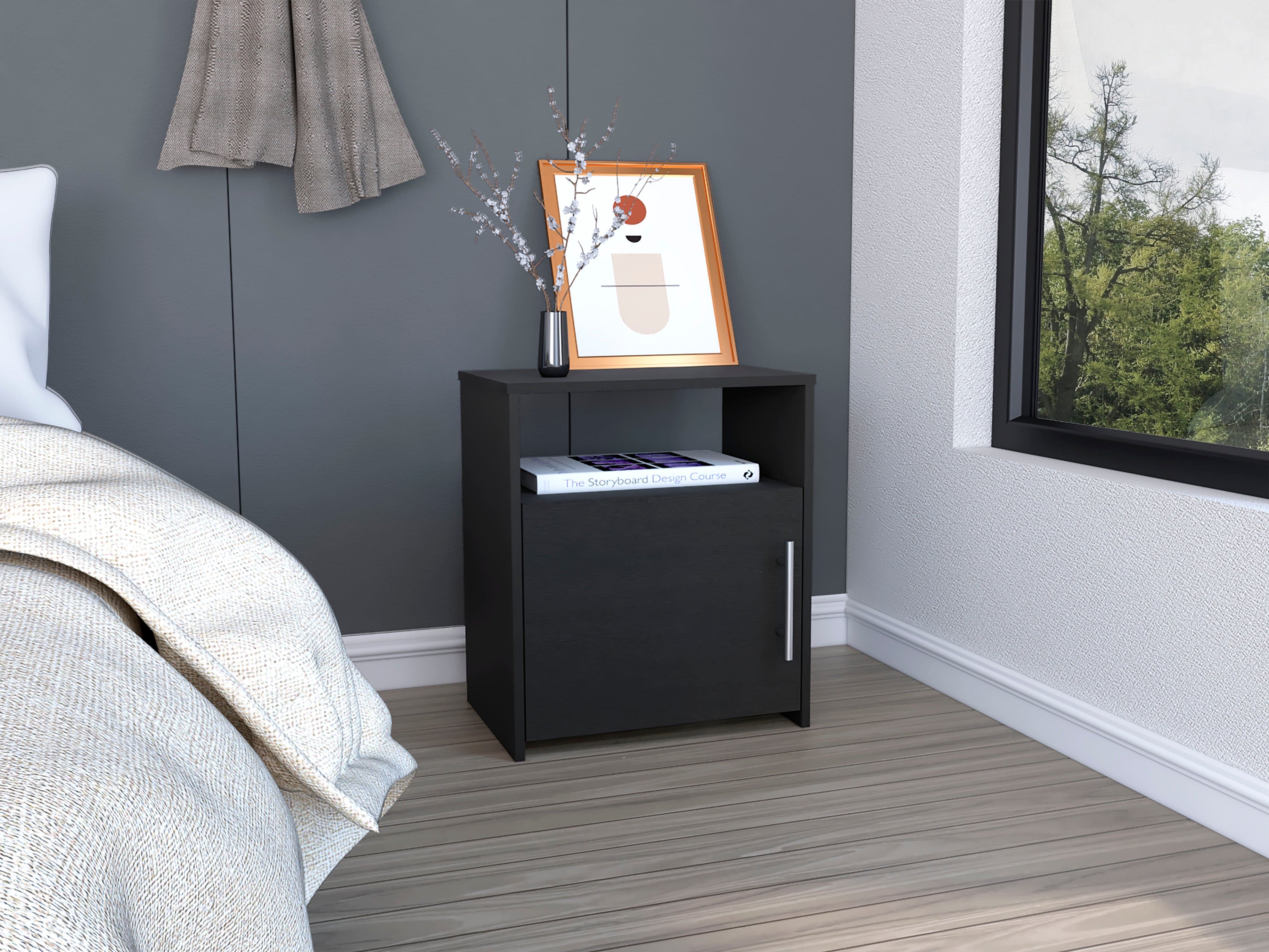 Tiramisubest - Modern Nightstand with Cabinet, Side Table with Shelf, Finish, Space-Saving Design - Black