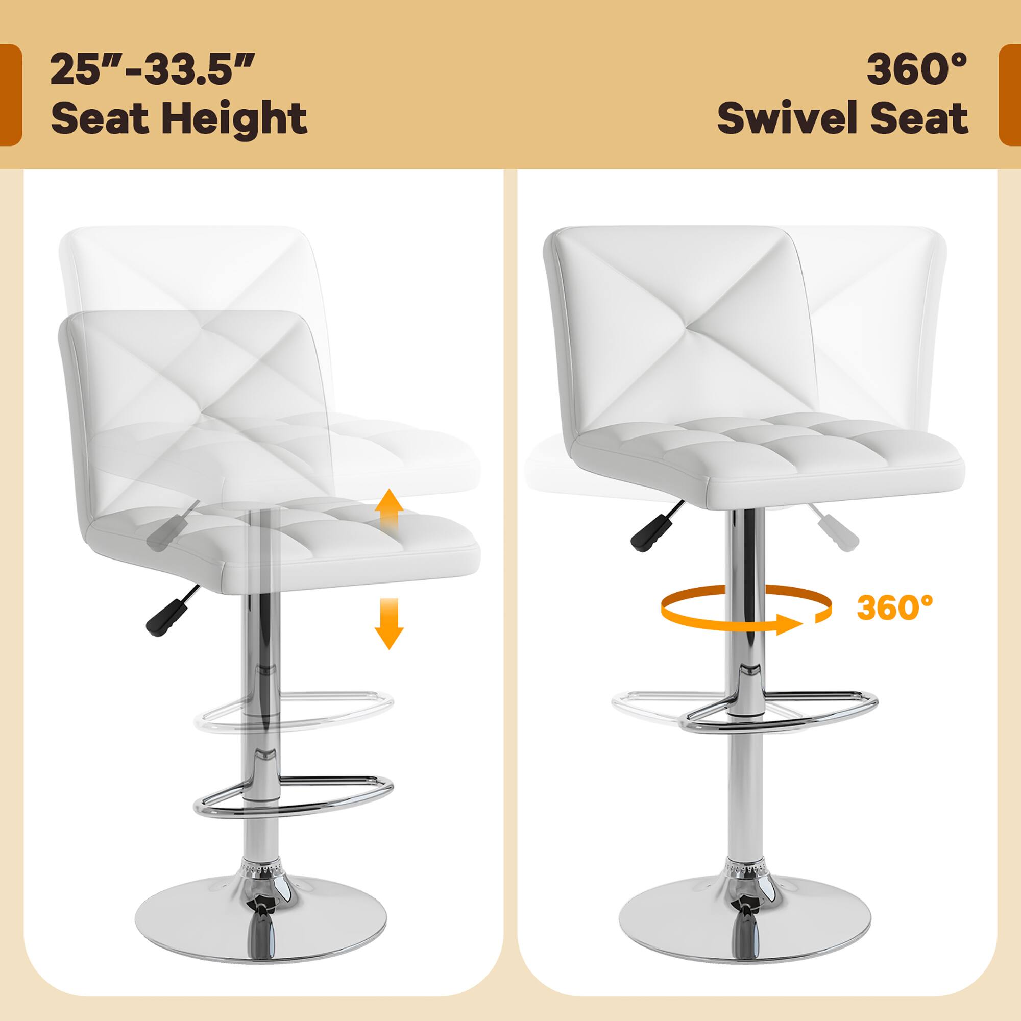 25"-33.5" Seat Height, 360° Swivel Seat, 360°