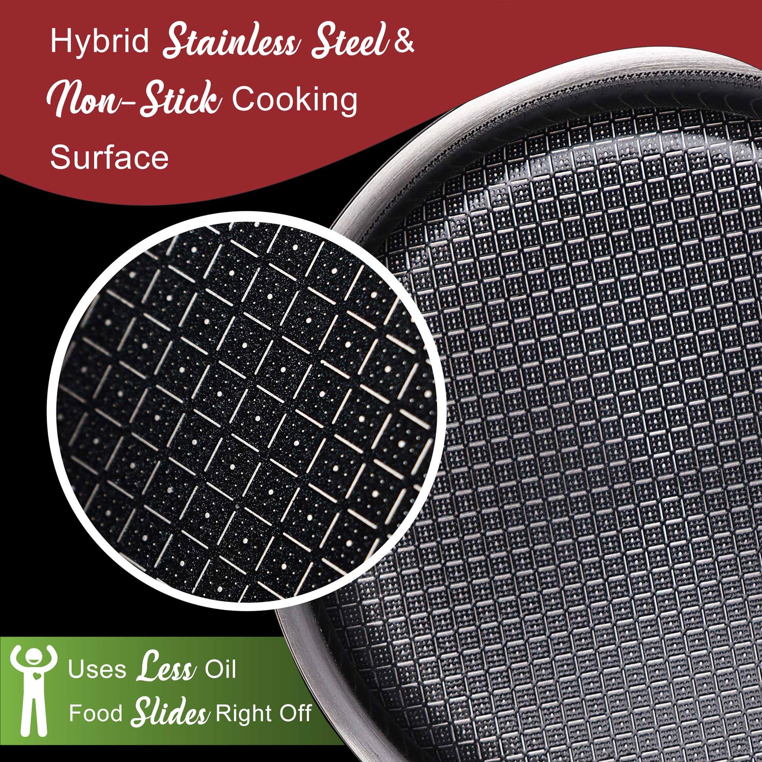 Hybrid Stainless Steel & Non-Stick Cooking Surface  
Uses Less Oil  
Food Slides Right Off