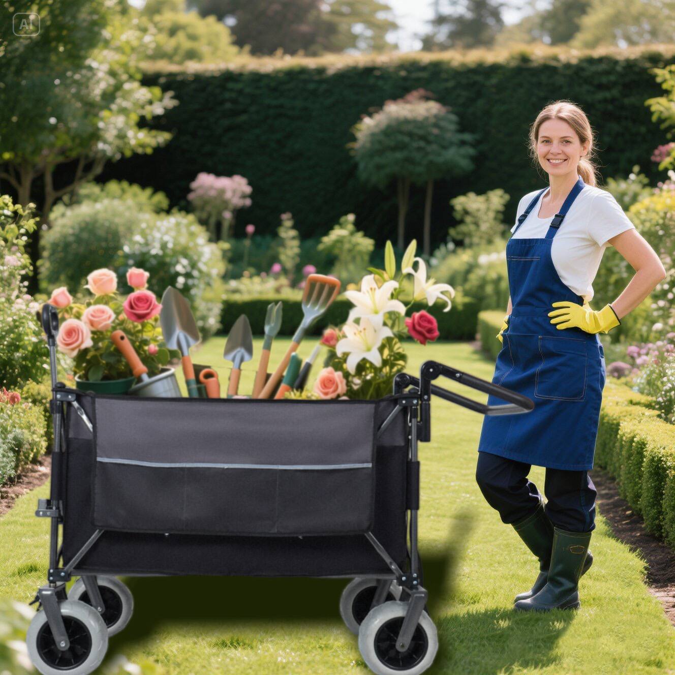 Angle. Mondawe - 300L XL Push-Pull Folding Wagon Utility Carts w/ 9"x4" Beach Tires, 360° Wheels, Adjustable Handle for Camping/Beach - Black.