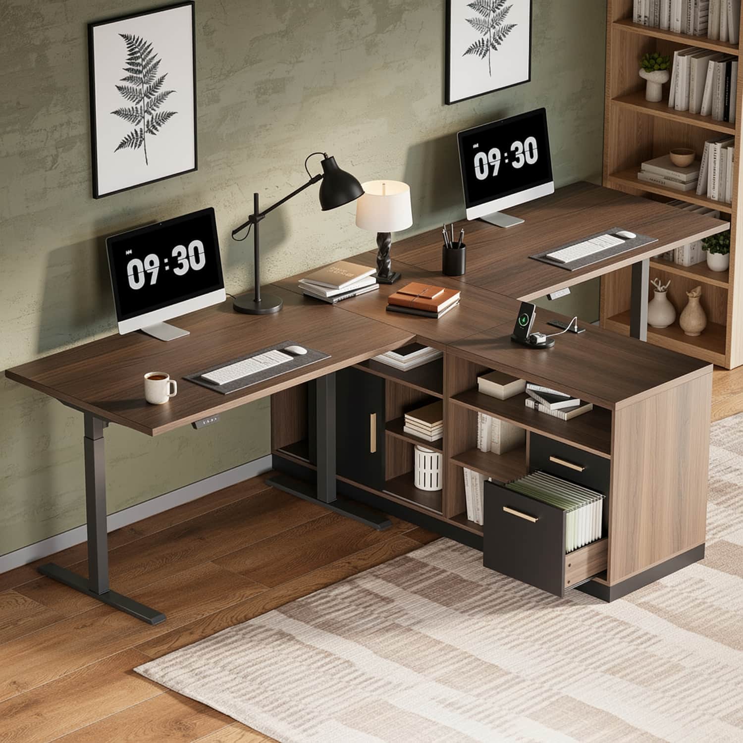 ModernMate - Home Office Furniture Set, 114" Standing Desk with 2 File Cabinets, AC/USB, Electric Height Adjustable - Black Walnut