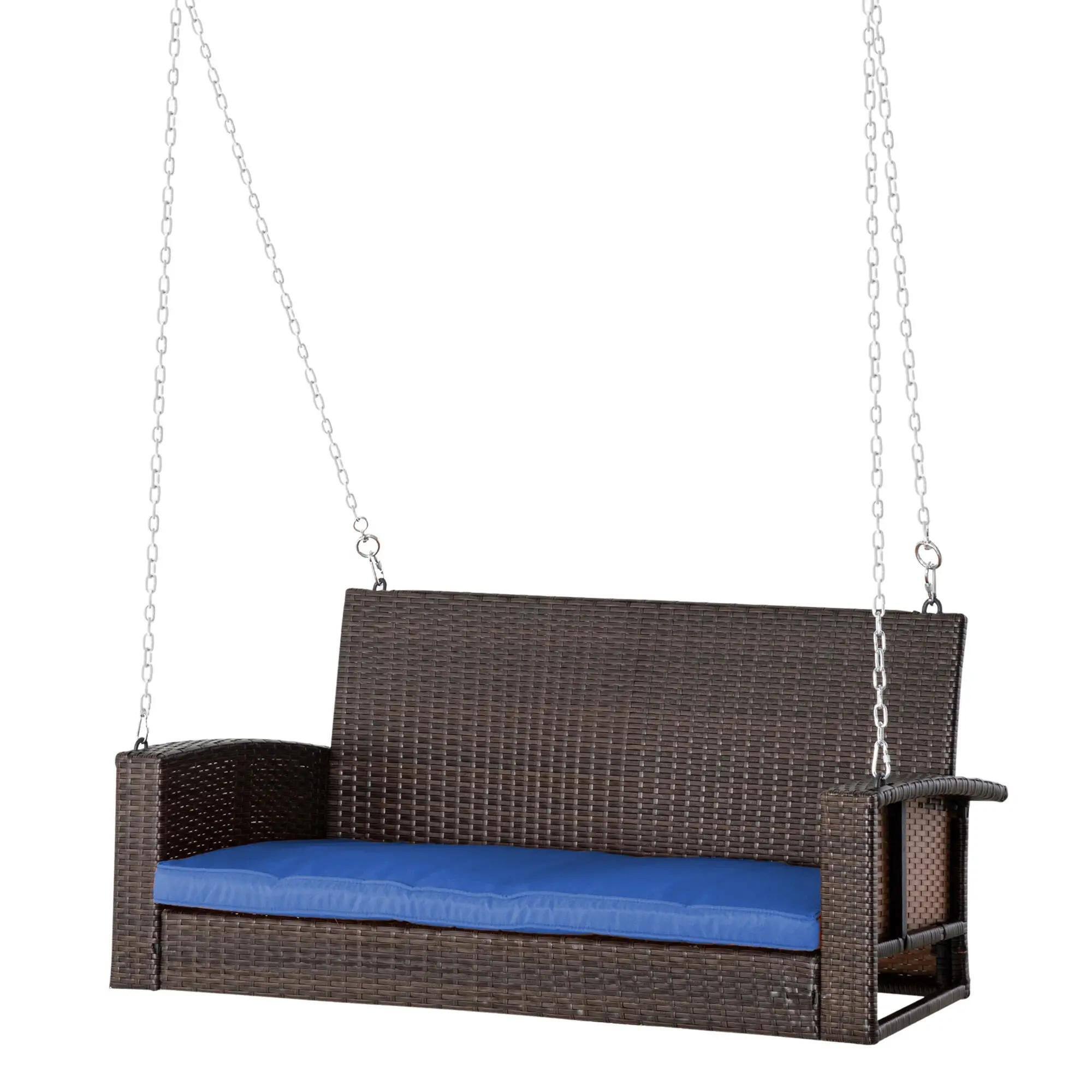 Angle. Resenkos - Resenkos 2-Person Wicker Swing Bench, Outdoor Patio Swing Chair With Cushions,  Perfect for Garden, Blue.