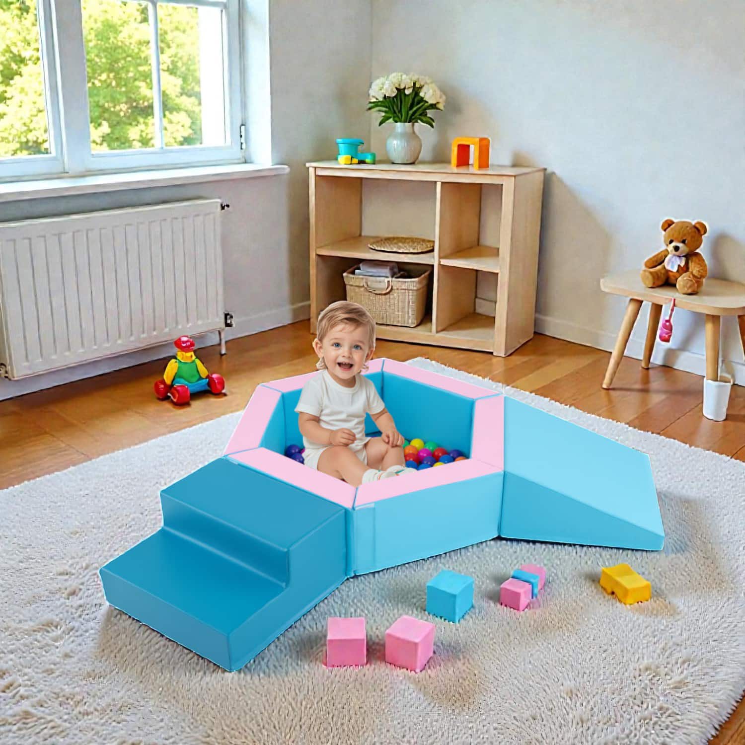 BreeBe - Toddler Adventure Foam Blocks with Crawl Ramp and 100 Ocean Balls - Blue