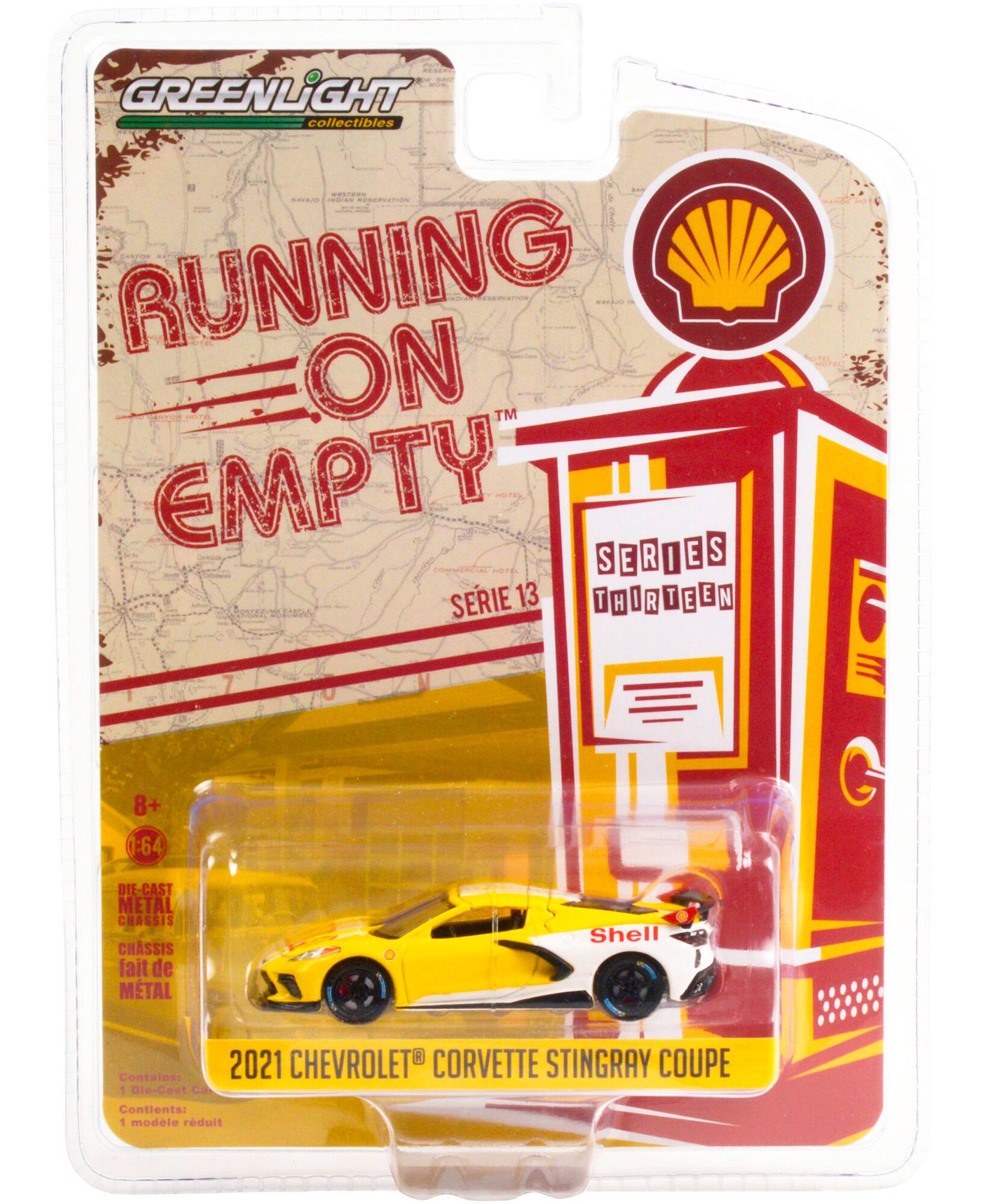 GREENLIGHT collectibles RUNNING ON EMPTY SERIES THIRTEEN 13  
1:64 DIE-CAST METAL CHASSIS  
Contains: 2021 CHEVROLET CORVETTE STINGRAY COUPE