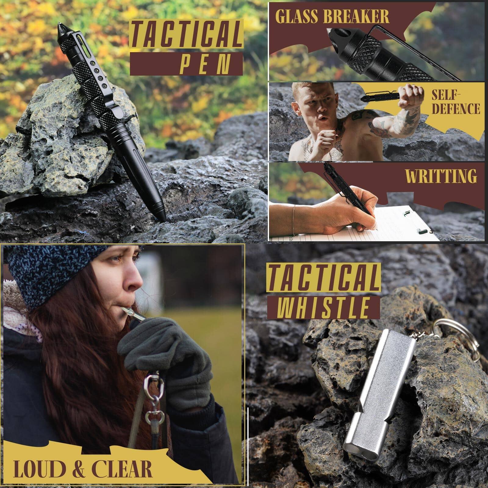 Sure, here is the corrected and grouped text from the image:

---

**TACTICAL PEN**

- GLASS BREAKER
- SELF-DEFENCE
- WRITTING

**TACTICAL WHISTLE**

- LOUD & CLEAR

---