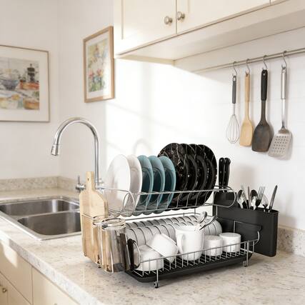 Front. Malletson - 2-Tier Stainless Steel Dish Rack Large Capacity Kitchen Drying Rack - Black.