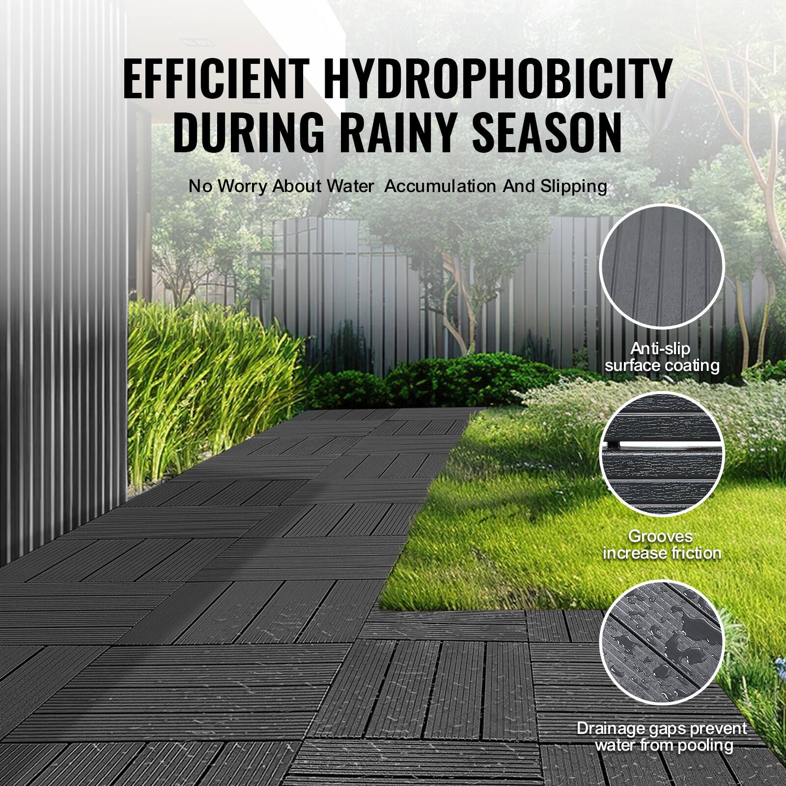 EFFICIENT HYDROPHOBICITY DURING RAINY SEASON  
No Worry About Water Accumulation And Slipping  

- Anti-slip surface coating  
- Grooves increase friction  
- Drainage gaps prevent water from pooling