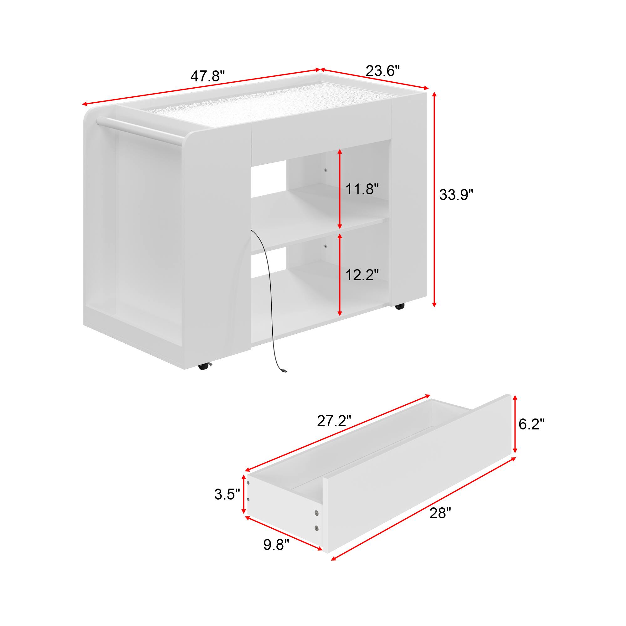 The image shows a white shelf with dimensions of 47.8" x 23.6" x 11.8" and a white box with dimensions of 27.2" x 6.2" x 3.5". The shelf is placed on top of the box.