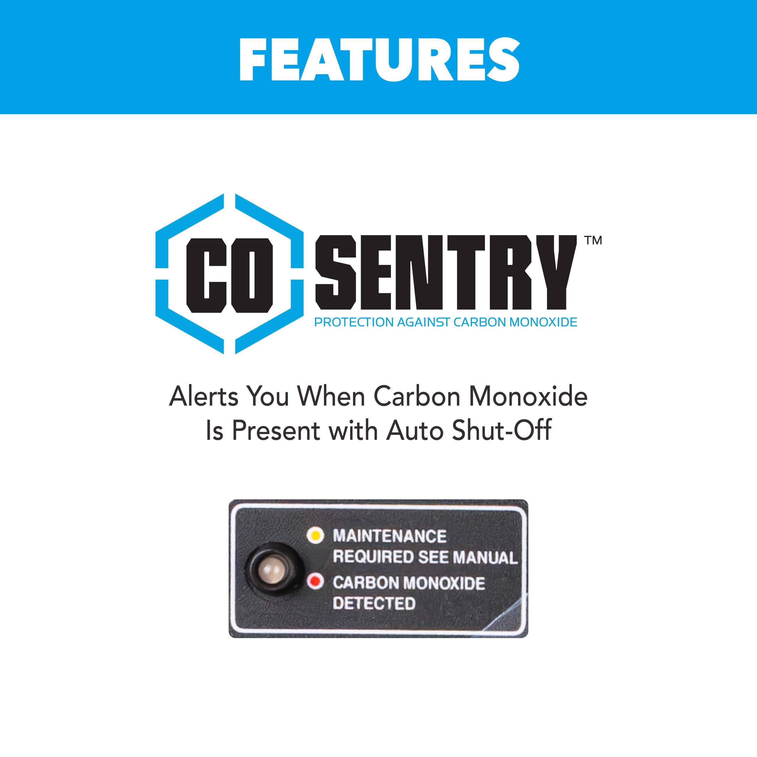 **FEATURES**

**CO SENTRY™**  
PROTECTION AGAINST CARBON MONOXIDE

- Alerts You When Carbon Monoxide Is Present with Auto Shut-Off

**MAINTENANCE**  
REQUIRED SEE MANUAL

**CARBON MONOXIDE**  
DETECTED
