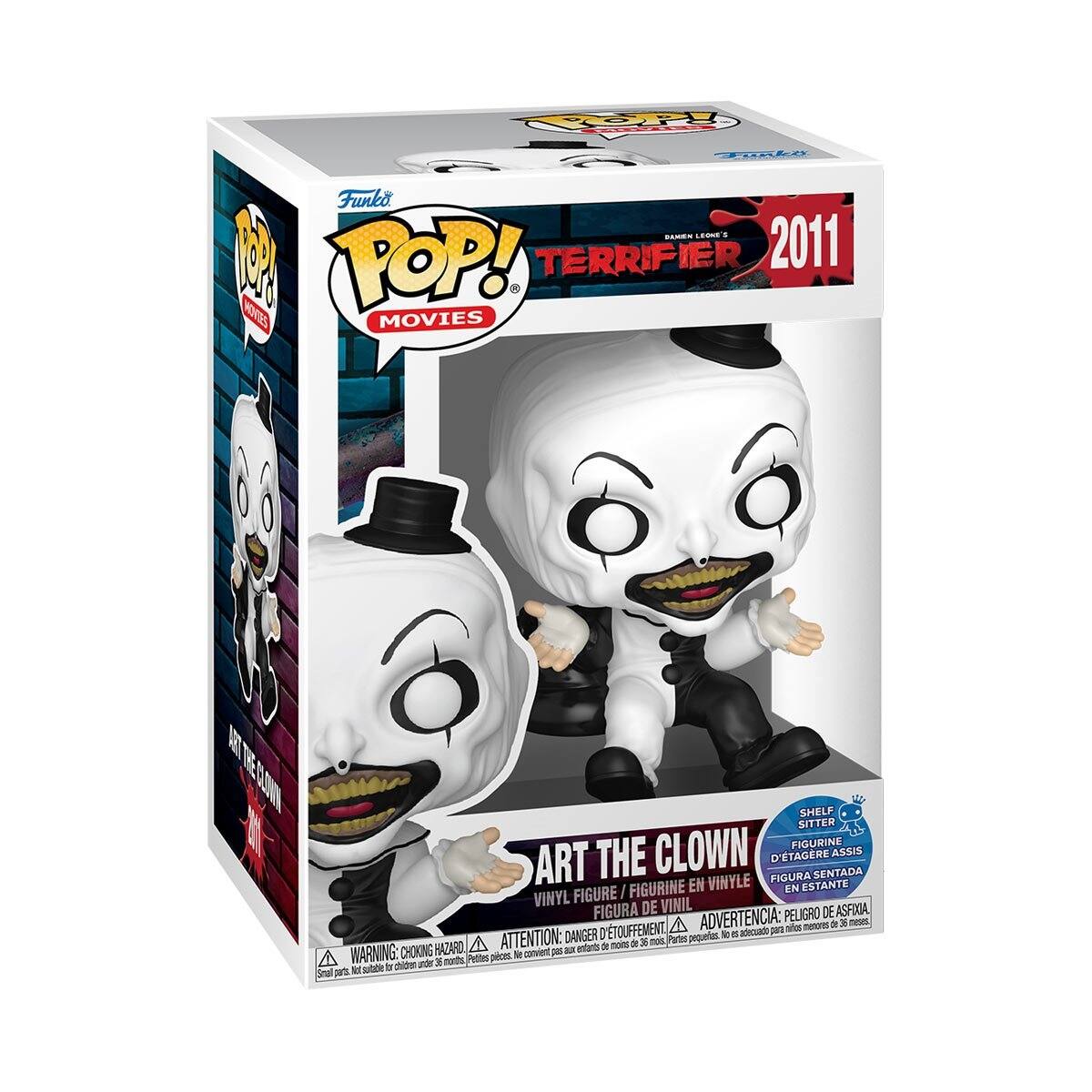 Sure, here is the corrected and grouped text:

---

**Funko POP! Movies**

**2011**

**TERRIFIER**

**ART THE CLOWN**

**VINYL FIGURE / FIGURINE EN VINYLE / FIGURA DE VINIL**

**SHELF SITTER**

**FIGURINE ASSIS / FIGURA SENTADA / FIGURA DE VINIL DE ASFIXIA**

**ADVERTENCIA: PELIGRO 3 meses ahds nt a ATTENTION: DANGER D'TOUFFEMENT Partes pequertes E a adicuado p A noit x mos CHOKING HAZARD a entart - WARNING: pieces M conviert - and 3 norts Pettes NE subbe T chide Smal pes**

**WARNING: CHOKING HAZARD - Small parts. Not for children under 3 years.**

**ATTENTION: PELIGRO - Piezas pequeñas. No es adecuado para niños menores de 3 años.**

**ADVERTENCIA: DANGER - Petite pièces. Ne convient pas aux enfants de moins de 3 ans.**

---

This text is extracted from the image and grouped accordingly.