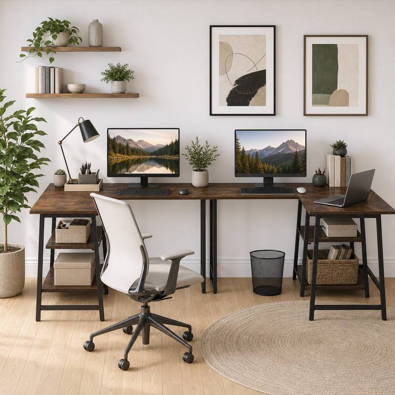 Left. WELLFOR - 48" L Shape Desk with Charging Station, Corner Computer Desk with Storage Shelves for Home Office & Gaming - Brown.